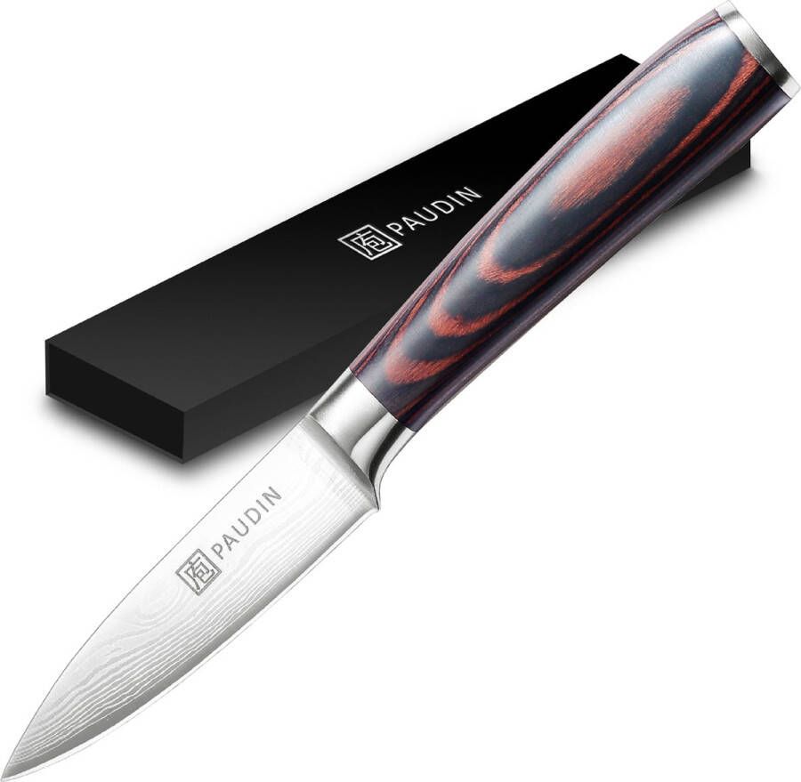 Paudin N8 Professioneel RVS Japans Groentemes 9 cm Vlijmscherp Schilmes Gemaakt van Hoogwaardig Roestvast Duits Carbonstaal Damascus patroon Klein Officemes Nu extra Scherp Geprijst Black Friday Sint en Kerst