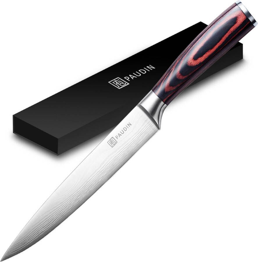 Paudin N9 Professioneel RVS Japans Vleesmes 20 cm Vlijmscherp Vlees Mes Gemaakt van Hoogwaardig Roestvast Duits Carbonstaal Damascus patroon Ideaal als Sushi en BBQ Mes Nu extra Scherp Geprijst Black Friday Sint en Kerst