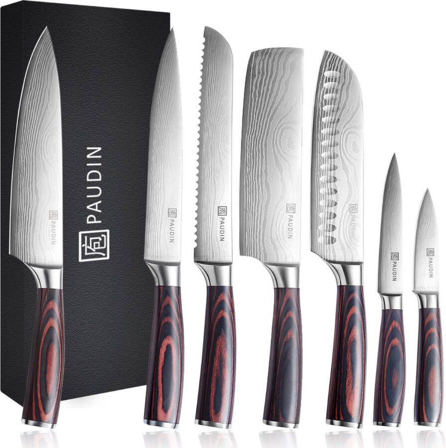 Paudin NS7 Professionele Messenset met Japans Design Set van 7 stuks Vlijmscherp Koksmes Broodmes Vleesmes Santoku Nakiri Officemes en Schilmes Damascus Patroon