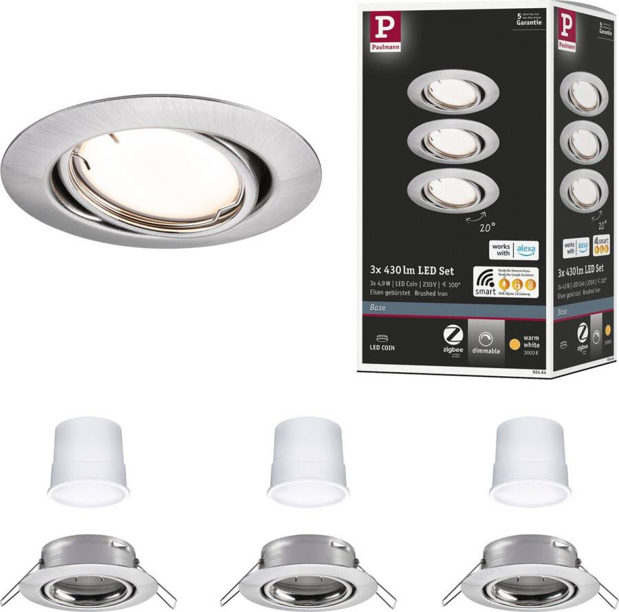 Paulmann Base inbouwspot chrome mat Set van 3 Zigbee Coin Dimmbar