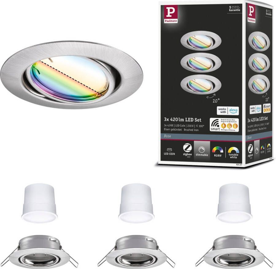 Paulmann Base inbouwspot chrome mat- Set van 3 Zigbee Coin RGBW