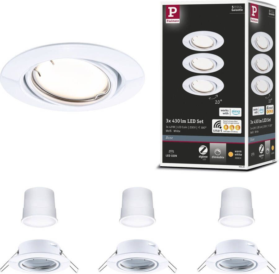 Paulmann Base inbouwspot wit -Set van 3 Zigbee Coin Dimmbar