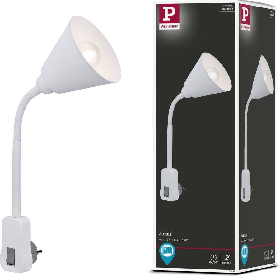 Paulmann Junus stekkerlamp met flexibele arm E14 wit leeslamp