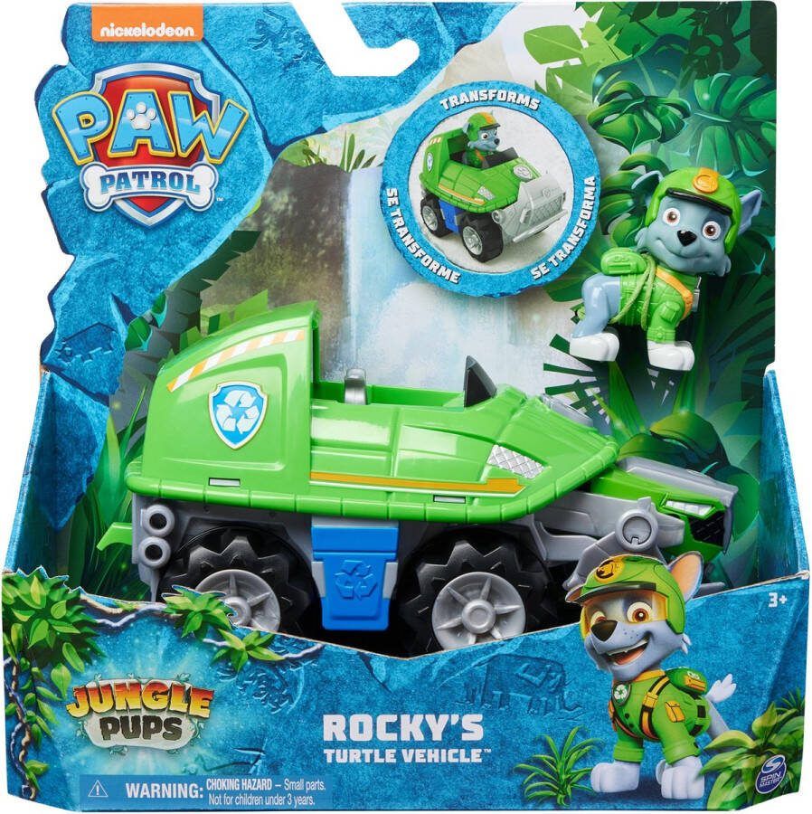 PAW Patrol Jungle Pups Rocky's Schildpad-voertuig speelgoedauto met speelfiguur