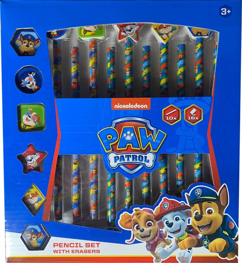 PAW Patrol Potloden set Blauw Multicolor Kunststof 10 Potloden 16 Gummen Back To School Schoolbenodigdheden Aanmaakblokjes