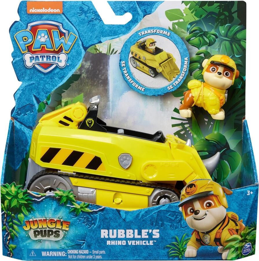 PAW Patrol Jungle Pups Rubble's Neushoorn-voertuig speelgoedauto met speelfiguur