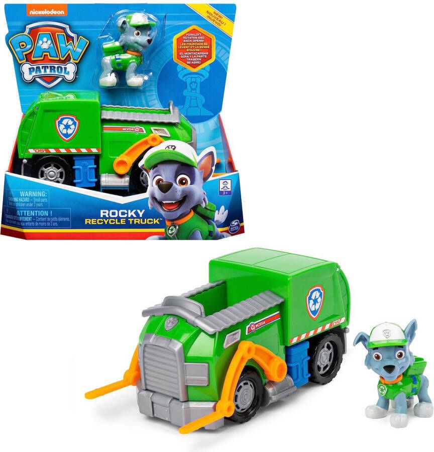 PAW Patrol Rocky's Recycle Truck speelgoedauto met speelfiguur 80% gerecycled plastic duurzaam speelgoed