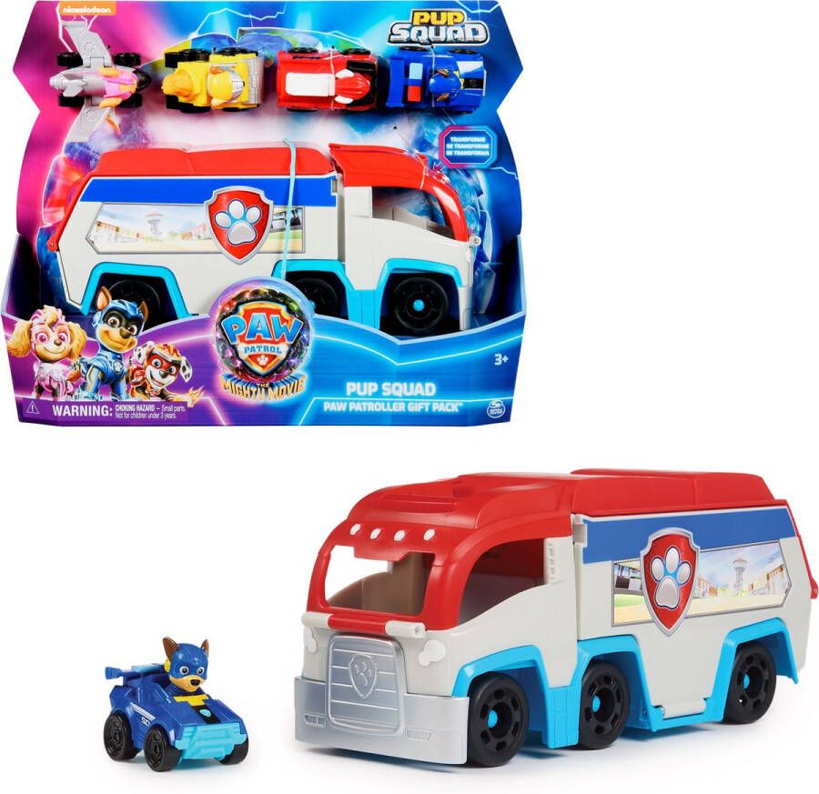 PAW Patrol The Mighty Movie Pup Squad Patroller speelgoedtruck met Mighty Pups Chase Squad speelgoedauto