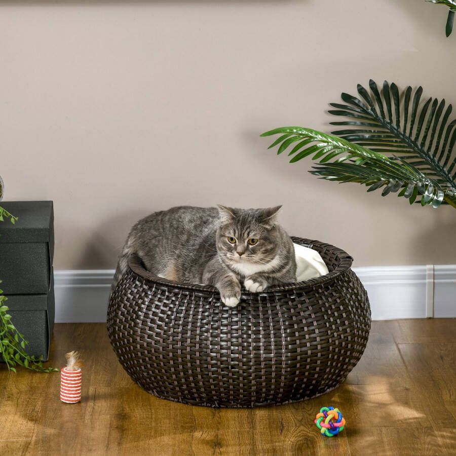 Pawhut Kattenmand met kussen en verborgen opbergruimte kattenbed huisdierbed PE-rotan donkerbruin + crème