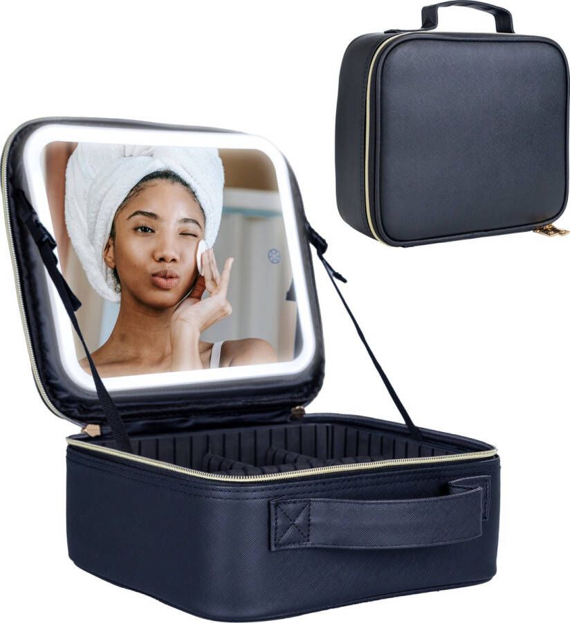 PeachBeauty Make Up Tasje Met Spiegel Make Up Organizer Tas Beautycase Koffer Make-up Zwart