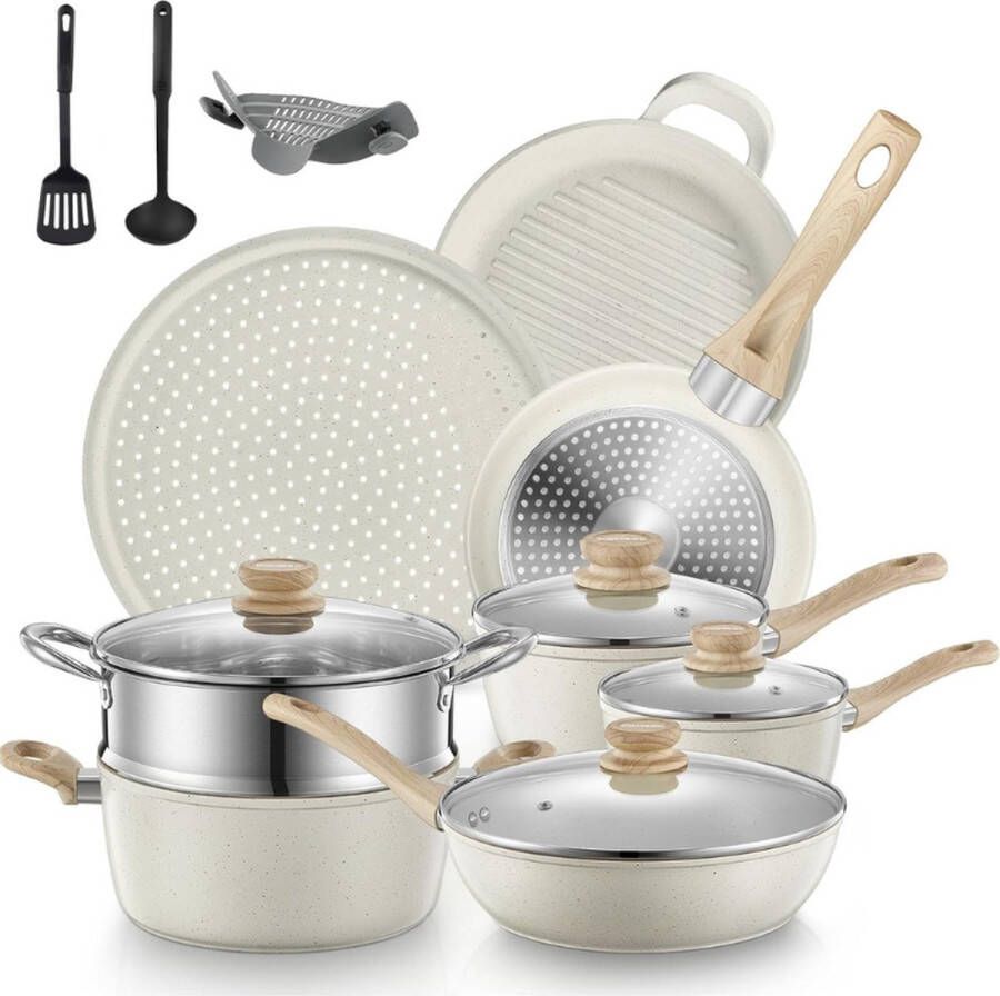 PEAM 15-Delige Aluminium Kookgerei Set met Deksels Anti-Aanbak Inductie Inclusief Koekenpannen Steelpannen Voorraadpot Pizzapan Bakplaat Voedselstomer En Siliconen Accessoires