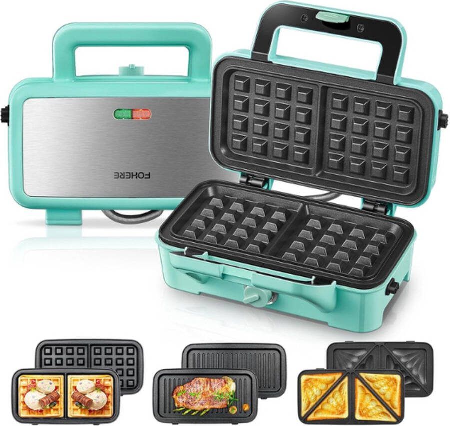 PEAM 3-in-1 Sandwichmaker 1200W – Wafelijzer Contactgrill & Sandwichtbroodrooster Met 5-Traps Temperatuurregeling Antiaanbaklaag Vaatwasmachinebestendig Hemelsblauw