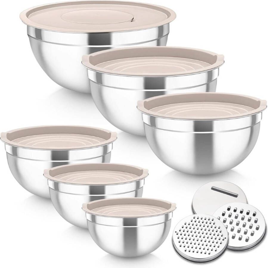 PEAM 6-Delige Kaki Mengkom Set met Multifunctionele Raspopzetstukken Complete Keukenhulp Voor Iedere Bereiding