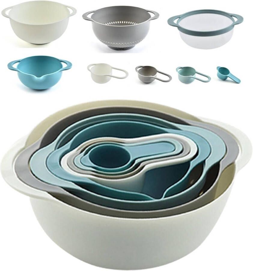 PEAM 8-Delige Multifunctionele Kunststof Mengkom Set Antislip Inclusief Mengkommen Gaaszeef Maatbekers En Zeef Ideaal Voor Koken En Serveren Blauw
