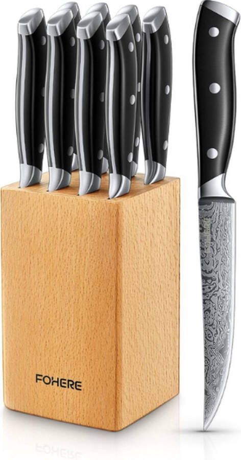 PEAM 8-delige Steakmessenset Met Messenblok – Roestvrij Staal Extra Scherp Recht Lemmet Damastpatroon Ergonomische Handvatten Met Visgraatpatroon