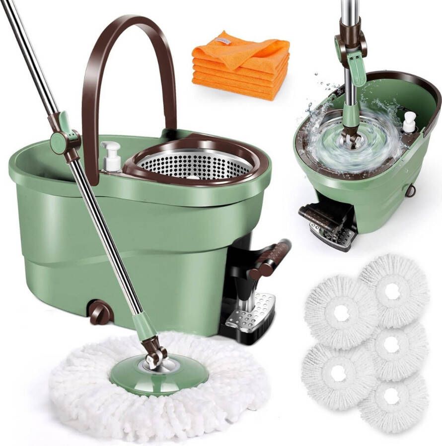 PEAM Dweilsysteem Ultieme Mop en Emmer Set Inclusief 5 Microvezel Reservekoppen Roestvrijstalen Telescoopsteel en Voetpedaal voor Efficiënte Vloerreiniging met Spin Mop Systeem