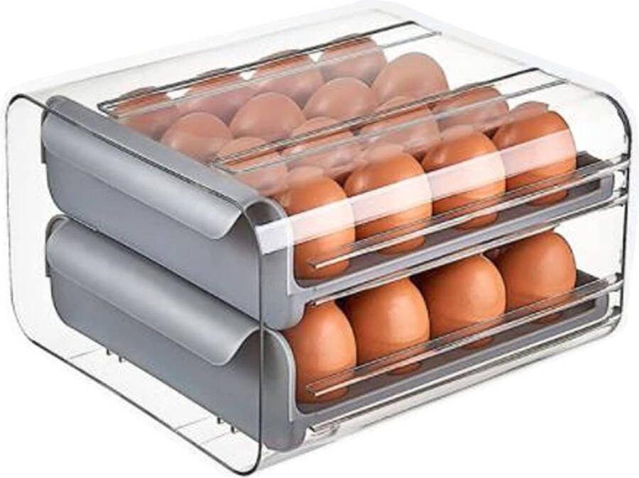 PEAM Eierdoos Kunststof Transparante Eieropslag Lade voor Koelkast Dubbellaagse Eierdoos met Afgedekte Organizer voor Keuken Grijze Ei Opbergdoos met Stijl en Efficiëntie