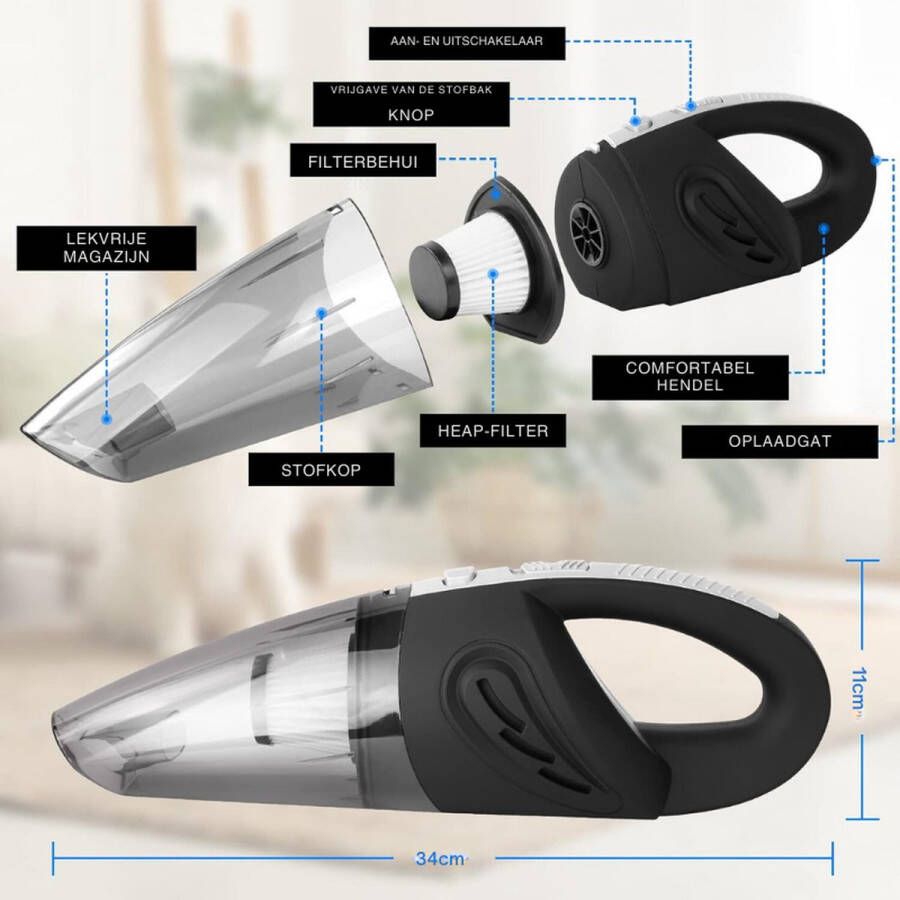 PEAM Handstofzuiger 120W Snoerloos Met 5 Accessoires & HEPA Filter – USB Oplaadbare Draagbare Nat & Droog Stofzuiger Voor Thuis Kantoor en Auto