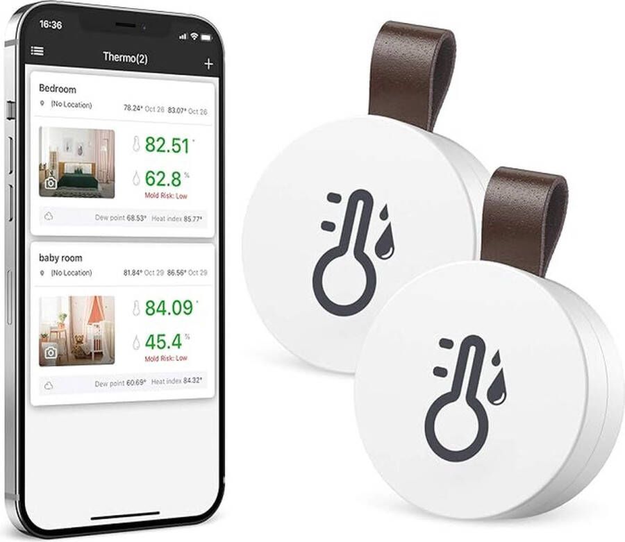 PEAM Hygrometer Luchtvochtigheid Sensor Binnen en Buiten (Multifunctioneel) WiFi Thermometer 2 Pack Met Data App Draadloos Luchtkwaliteitsmeter Gezondheid Thermometer Binnen Digitaal