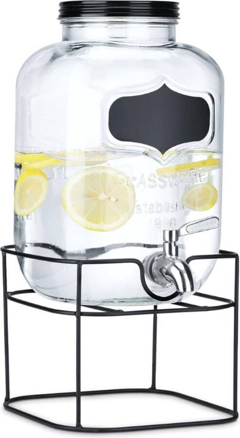 PEAM Limonadetap Drankdispenser Glazen Limonadetap met Kraantje 5L Inclusief Zwarte Metalen Standaard Voor Koude Dranken