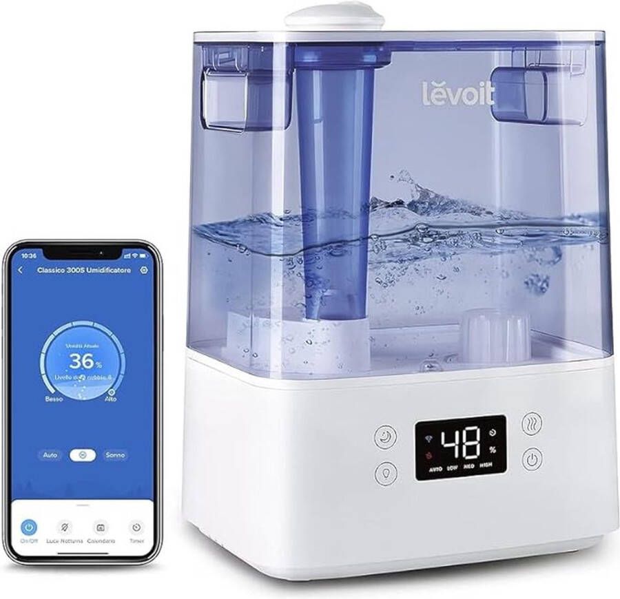 PEAM Luchtbevochtiger Grote Capaciteit Stil Smart Control Deze luchtbevochtiger met 6 liter capaciteit is perfect voor grote ruimtes tot 47 m² biedt 60 uur looptijd en stille werking. Met handige app en Alexa-besturing