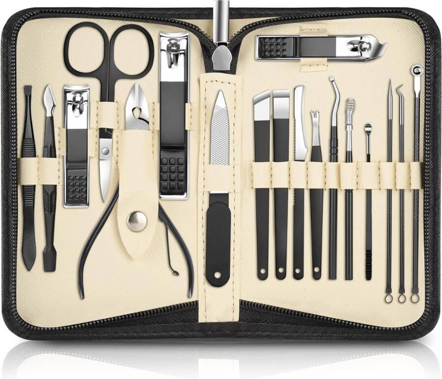 PEAM Manicureset Luxe Nagelverzorging in Één Set Complete 18-delige Manicure Pedicure Tools Kit Het Perfecte Geschenk voor Vrouwen en Mannen voor Verzorgde Teen en Vinger Nagels Met Stijlvolle Roestvrij Stalen Tools in Handige Rits Tas