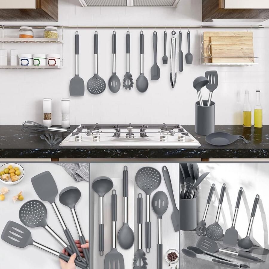 PEAM 6-Delige Set Grijze Siliconen Keukenhulpjes Duurzaam en Vaatwasmachinebestendig Ideaal voor Koken en Bakken