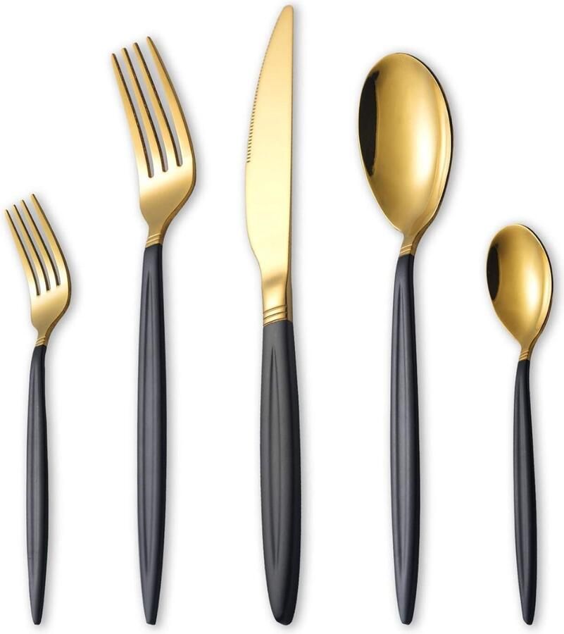 PEAM Bestek Set 30-delige Zwarte Gouden Roestvrijstalen Bestekset Luxueuze Titanium Gouden Lepels en Bestek met Spuitverfhandvat Serviceset voor 6 in Matzwart met Glanzend Goud