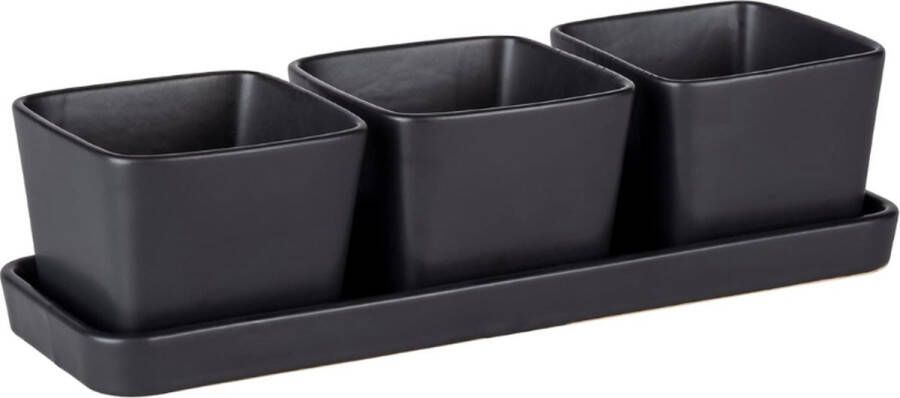 PEAM Schaaltjes 4 stuks kleine snackschaaltjes op een hoogwaardig keramisch dienblad met 3 × 300 ml kommetjes. Ideaal voor tapas snacks & fingerfood. Afmetingen: 30 × 10 × 8 cm zwart