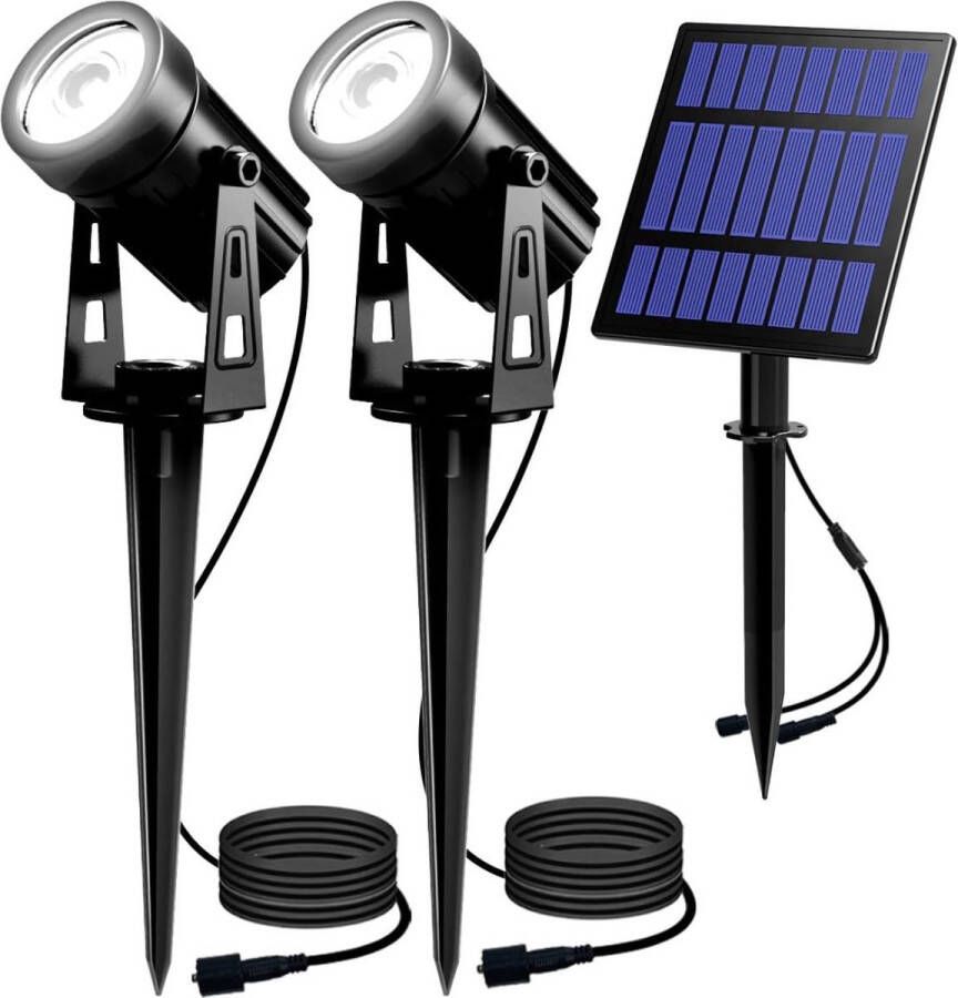 PEAM Solar Tuinverlichting Krachtige Tuinverlichting op Zonne-energie Set van 2 IP65 Waterdichte LED-lampen met 2 Helderheidsniveaus 3 Meter Kabel en Automatische Aan Uit Perfect voor Bomen Struiken en Tuinpaden
