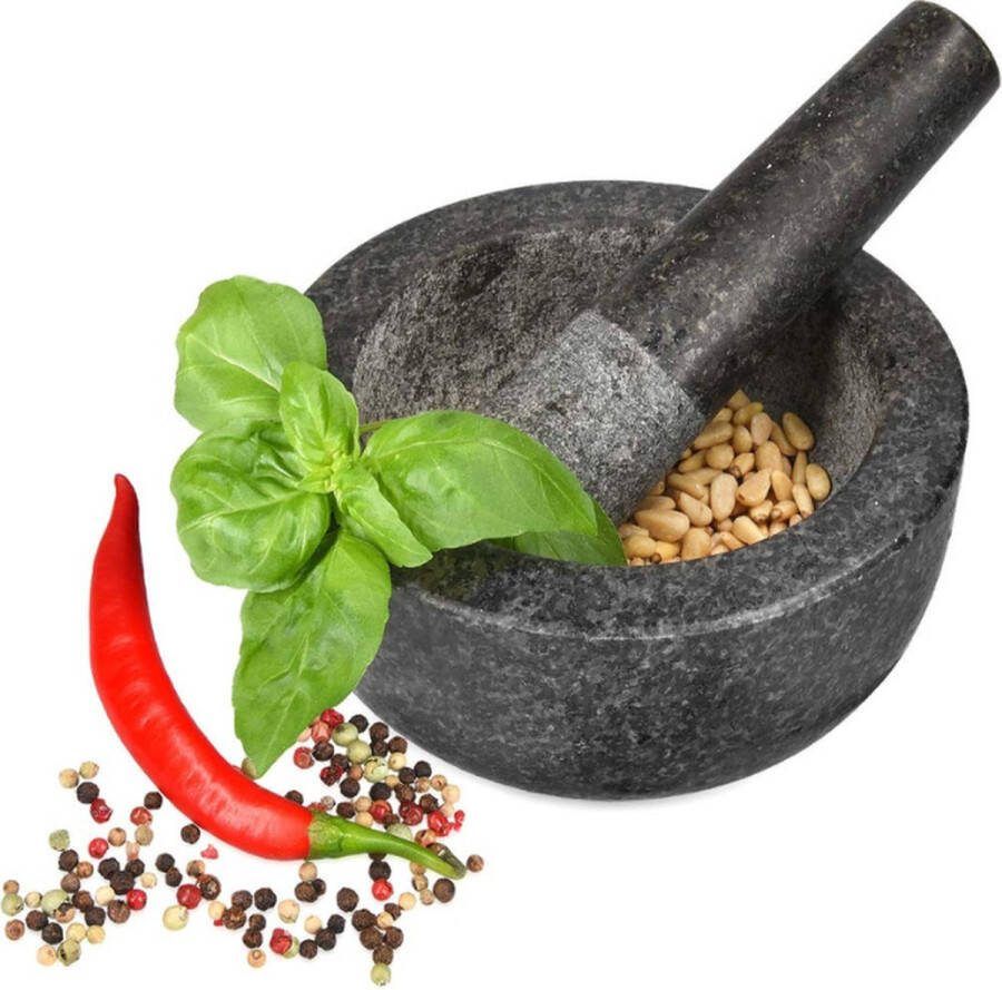 PEAM Vijzel met Stamper Graniet Voor Kruidenmixen Pesto en Dips Inclusief Stamper Ø 16 cm Een duurzame en veelzijdige vijzelset voor het malen en mengen van kruiden en andere ingrediënten
