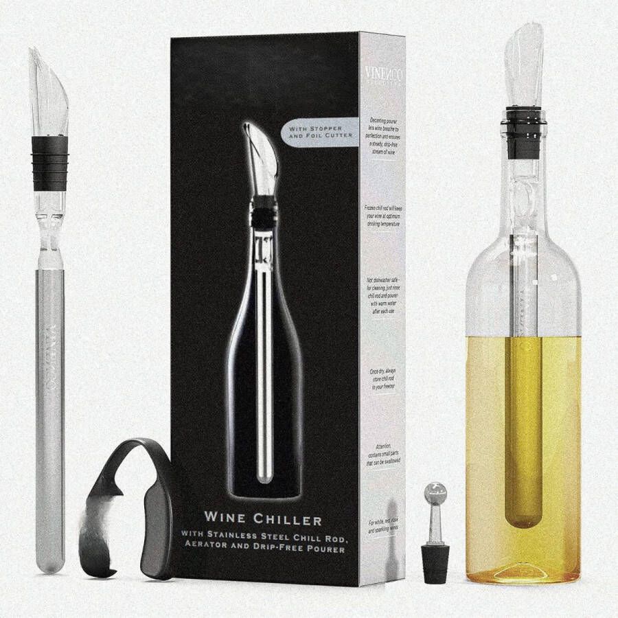 PEAM Wijnkoeler Stick Set Elegant 3-in-1 Design Met Druppelstop Decanter Doseerkap & Koelstaaf Wijnkoelstaaf + Capsulesnijder + RVS-Wijnafsluiter + Opbergzakje