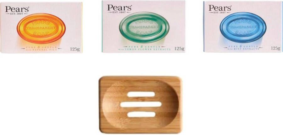 Pears zeep pakket van 3 (1 natuurlijke oliën + 1 muntextract + 1 citroenbloemextract) elk 125 g met Sanitral Natuurlijke Houten Bamboe Zeepbakje Opslaghouder