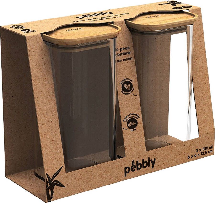 Pebbly Vershouddoos Vierkant 320 ml met Bamboe Deksel Set van 2 Stuks Borosilicaatglas Transparant