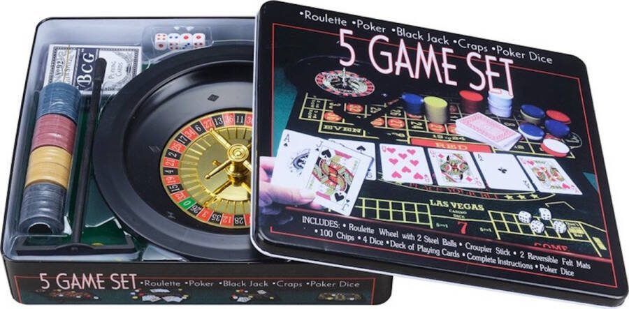 Pegasi 5-in-1 Game Set In blik Casino set Texas Hold'em Poker Set Roulette Black Jack Craps Dobbelstenen