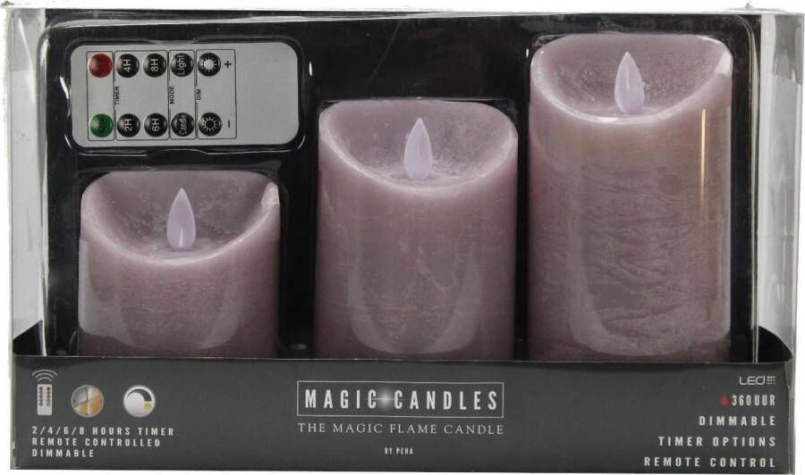 Magic Flame Kaarsen set van 3x stuks LED stompkaarsen lavendel paars met afstandsbediening Woondecoratie Elektrische kaarsen