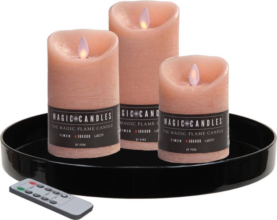 PEHA Zwart dienblad inclusief 3 LED kaarsen zalm roze met afstandsbediening