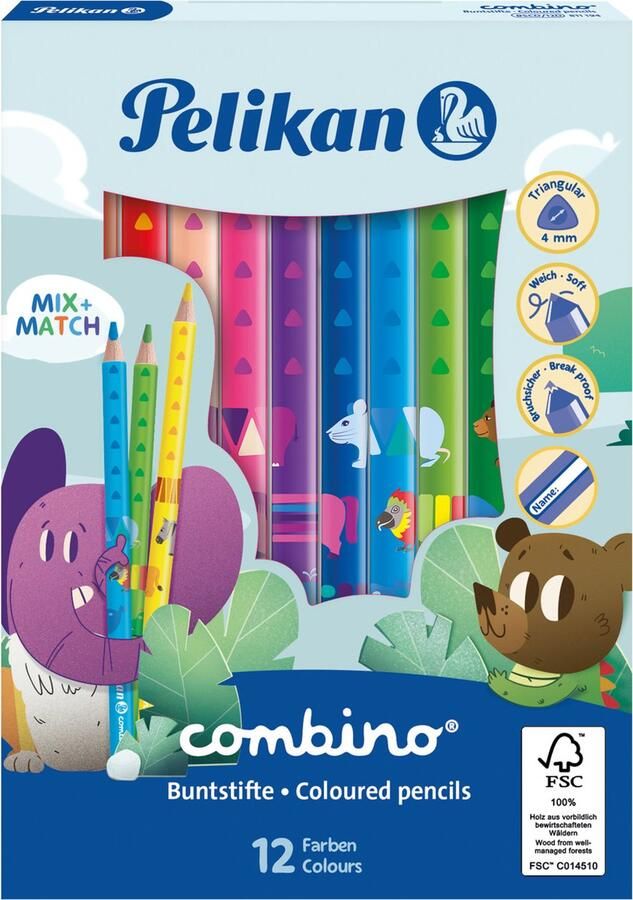 Pelikan combino driehoekige kleurpotloden 40 mm 12 kleuren geassorteerd