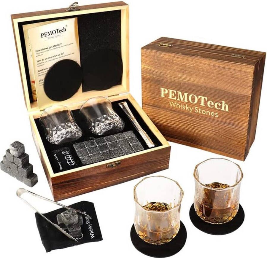 PEMOTech Whiskystenen cadeauset whiskycadeau voor mannen met 2 whiskyglazen + luxe handgemaakte houten kist & fluwelen tas Perfecte familie en vrienden