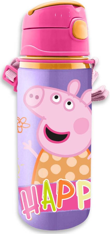 Merkloos Peppa Pig drinkfles drinkbeker bidon met drinktuitje roze aluminium 600 ml Schoolbekers