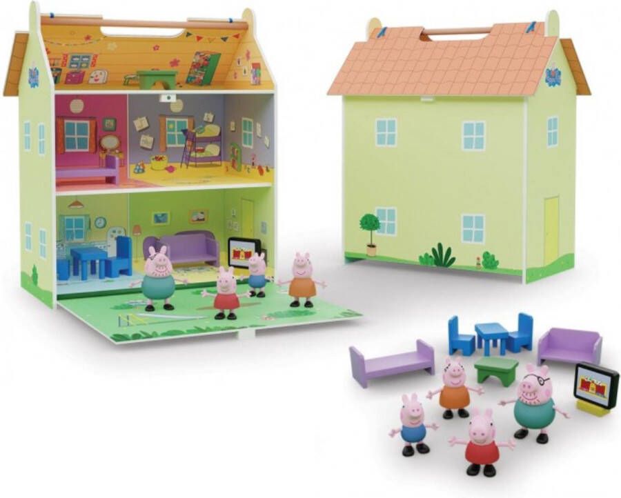 DeQUBE Peppa Pig Poppenhuis Hout Speelhuis met Meubels en Speelfiguren 39 x 36 cm