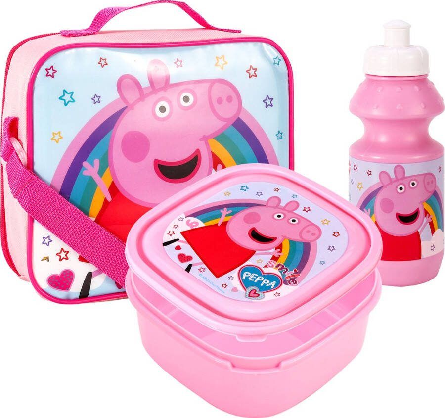 Peppa Pig Regenboog Lunch Set Broodtrommel Drinkbeker Schoudertas Lunchtas