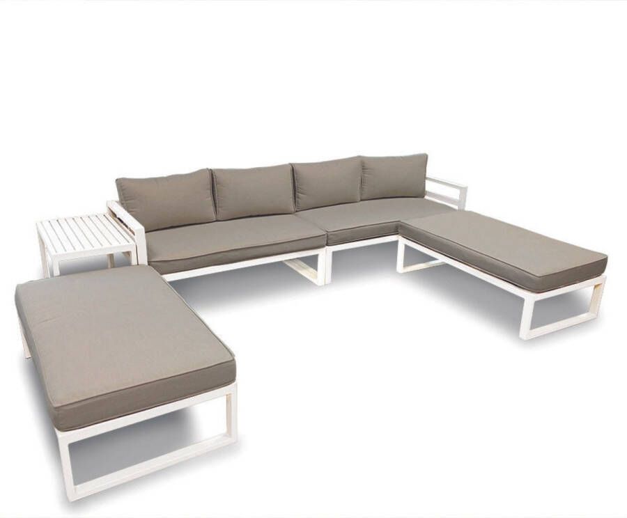 Perel Loungeset aluminium 8-zits tuinset lounge voor buiten met bijzettafel zitkussens rugkussens voor tuin terras en balkon weerbestendig aluminium frame wit