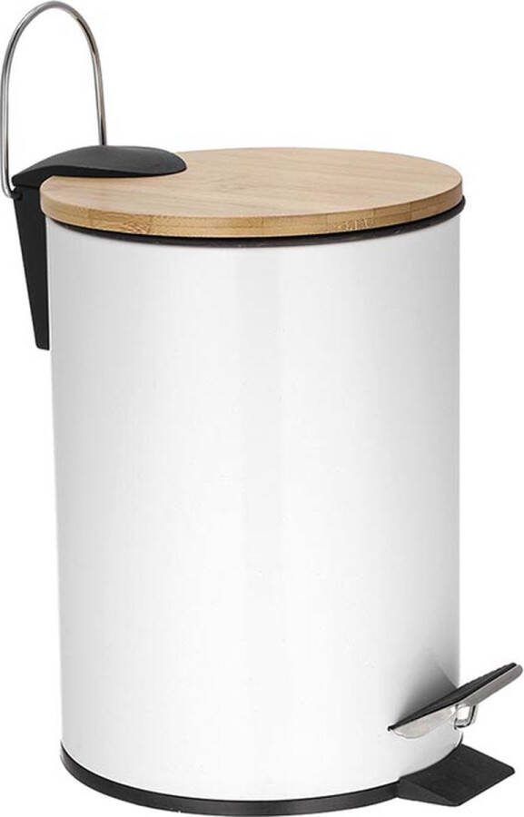Perel metalen pedaalemmer met bamboe deksel uitneembare emmer handgreep en antislippedaal roestvrijstalen behuizing ideaal voor thuis en op kantoor inhoud 3 liter ideaal voor thuis en op kantoor rond Ø 17 x 24.5 cm wit