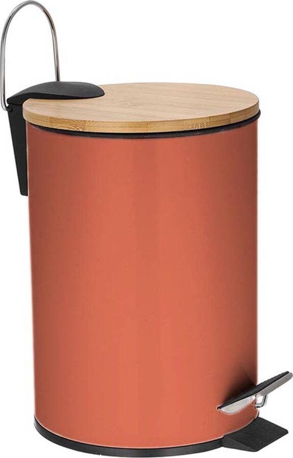 Perel metalen pedaalemmer met bamboe deksel uitneembare emmer handgreep en antislippedaal roestvrijstalen behuizing ideaal voor thuis en op kantoor inhoud 3 liter ideaal voor thuis en op kantoor rond Ø 17 x 24.5 cm terracotta