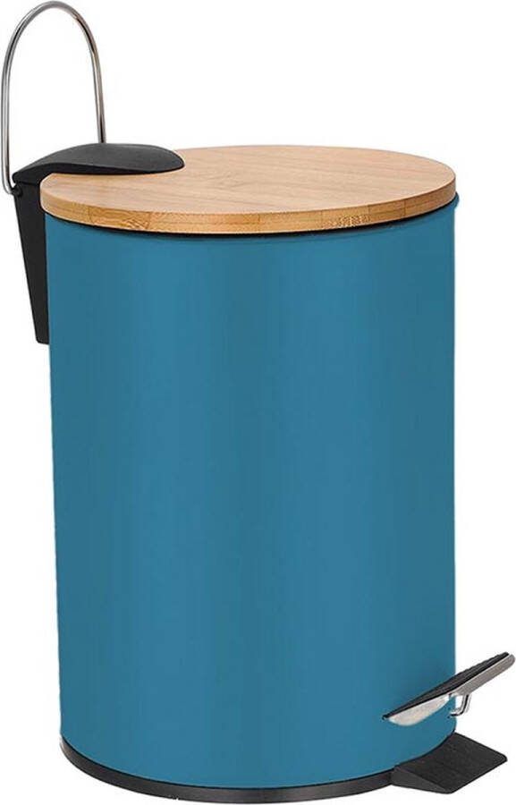 Perel metalen pedaalemmer met bamboe deksel uitneembare emmer handgreep en antislippedaal roestvrijstalen behuizing ideaal voor thuis en op kantoor inhoud 3 liter rond Ø 17 x 24.5 cm blauw
