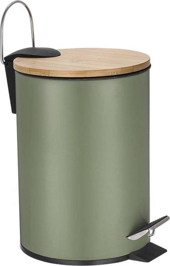 Perel metalen pedaalemmer met bamboe deksel uitneembare emmer handgreep en antislippedaal roestvrijstalen behuizing ideaal voor thuis en op kantoor inhoud 3 liter rond Ø 17 x 24.5 cm groen