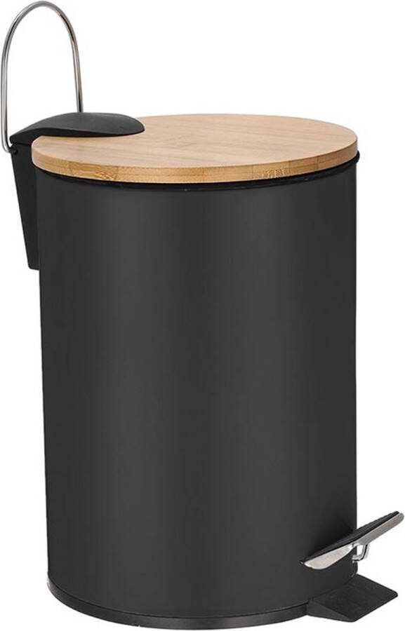Perel metalen pedaalemmer met bamboe deksel uitneembare emmer handgreep en antislippedaal roestvrijstalen behuizing ideaal voor thuis en op kantoor inhoud 3 liter rond Ø 17 x 24.5 cm blauw