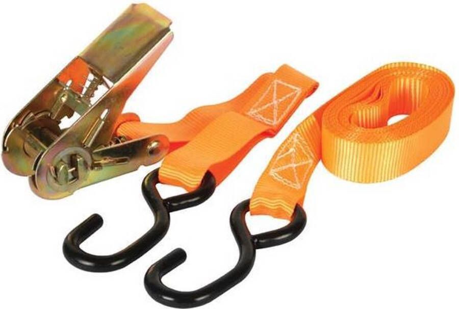 Perel Spanband tweedelig met ratel en S-haken voor het vastzetten van lichte ladingen max. 500 kg polyester oranje 4.5 m x 25 mm 1 stuk