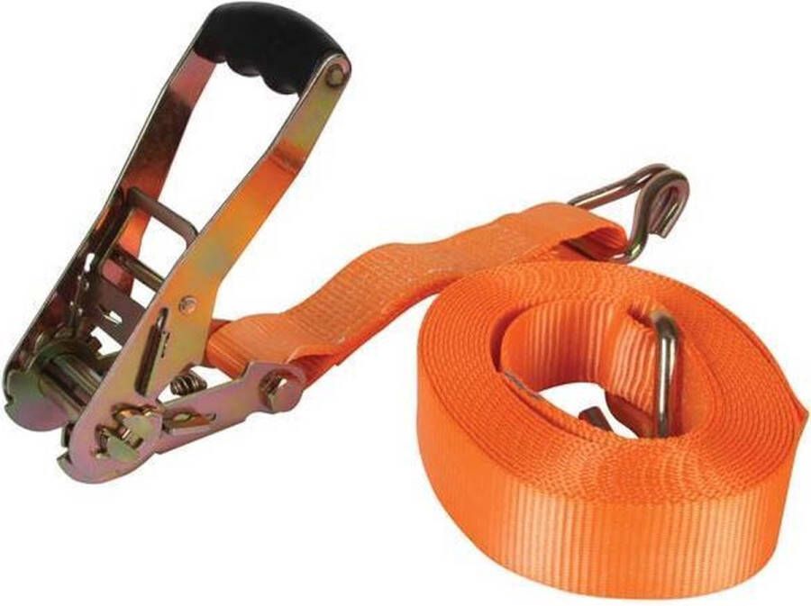 Perel Spanband tweedelig met ratel en J-haken uv-bestendig en waterafstotend voor het vastzetten van zware ladingen max. 4500 kg polyester oranje 8 m x 50 mm